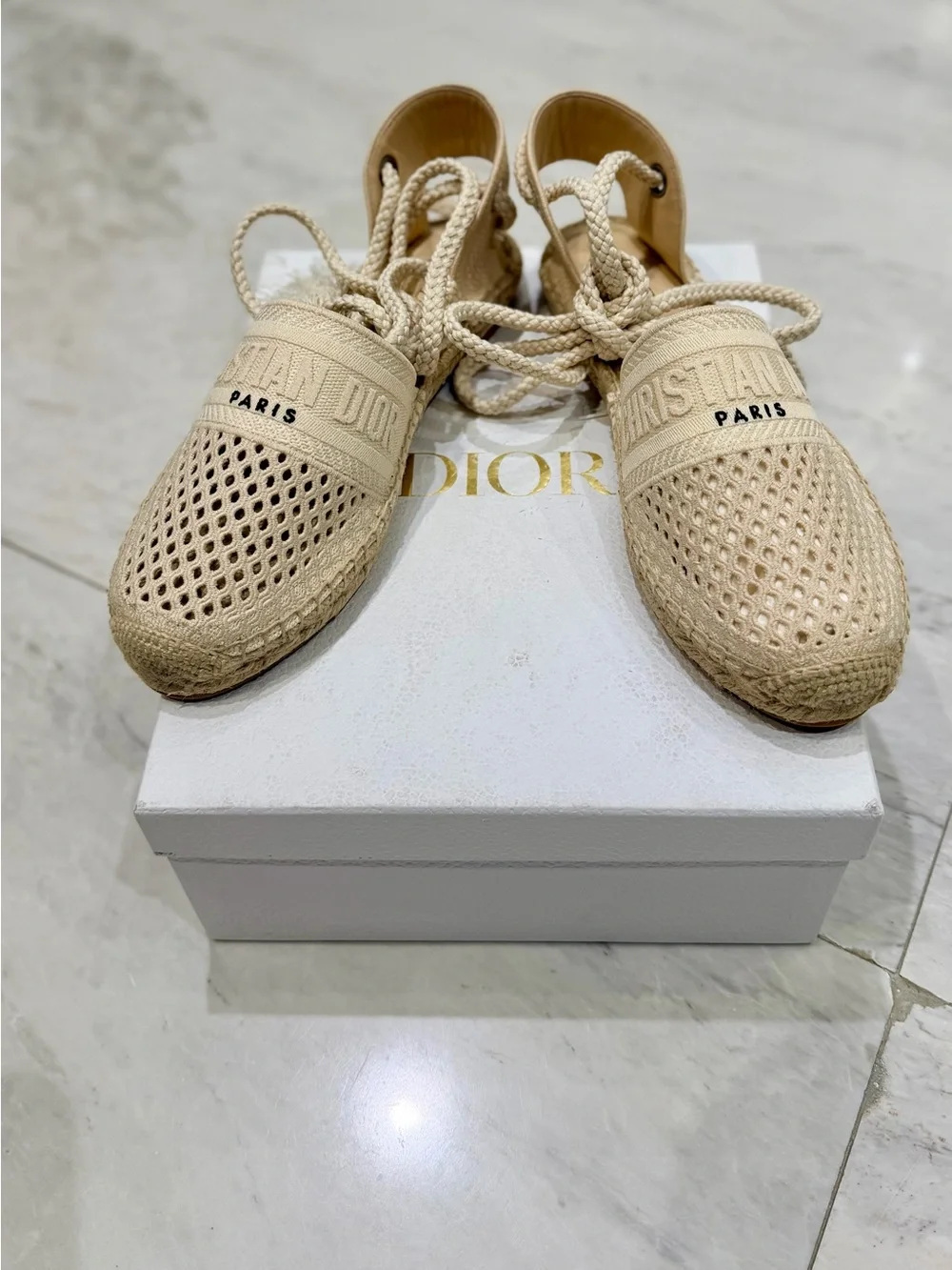 New without tag Dior Cream Woven Lace-Up Flat Espadrilles